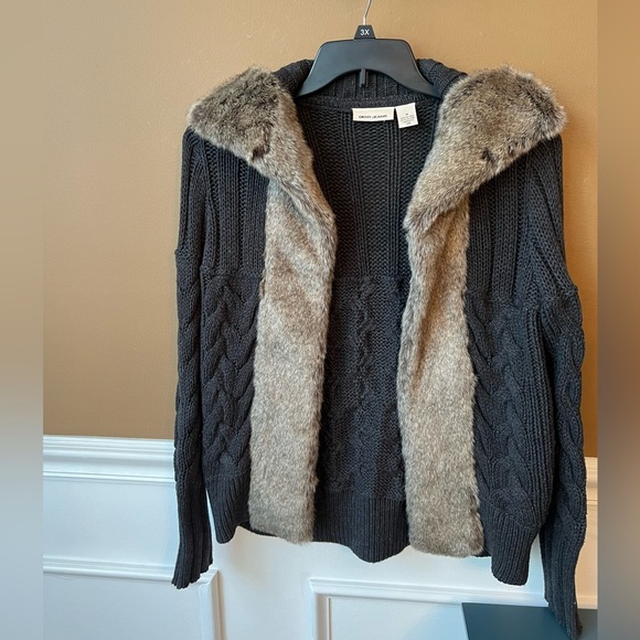 Dkny Black and Brown Cardigan with Faux Fur Trim Cable Knit Size M Sweater - Picture 1 of 5